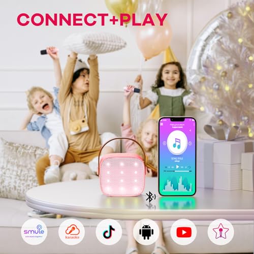 YLL Mini Karaoke Machine for Kids Adults, Portable Bluetooth Speaker with 2 Wireless Microphones,18 Pre-Loaded Songs Toys Birthday Gifts for Girls 4, 5, 6, 7, 8+ Years Old Toddler Teens (Sakura Pink) - 4
