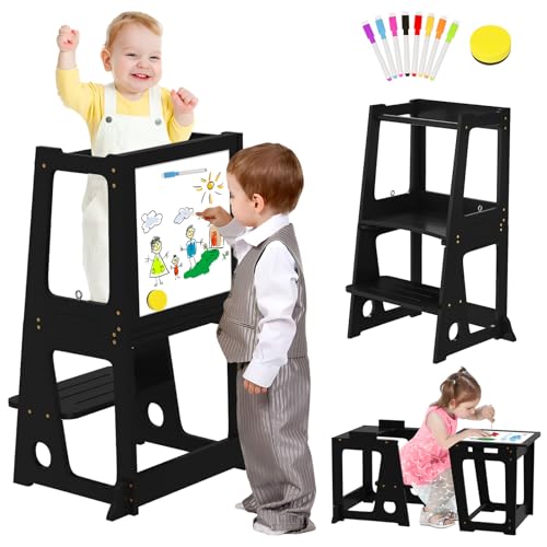 4 In 1 Lernturm für Kinder Mit Whiteboard, Klappbare Küchenhocker für Kleinkinder 2 In 1 Umwandelbarer Tisch Und Stuhl, Abnehmbare Sicherheitsschiene, Lehrturm Ab 1 Jahr für Badezimmer Waschbecken