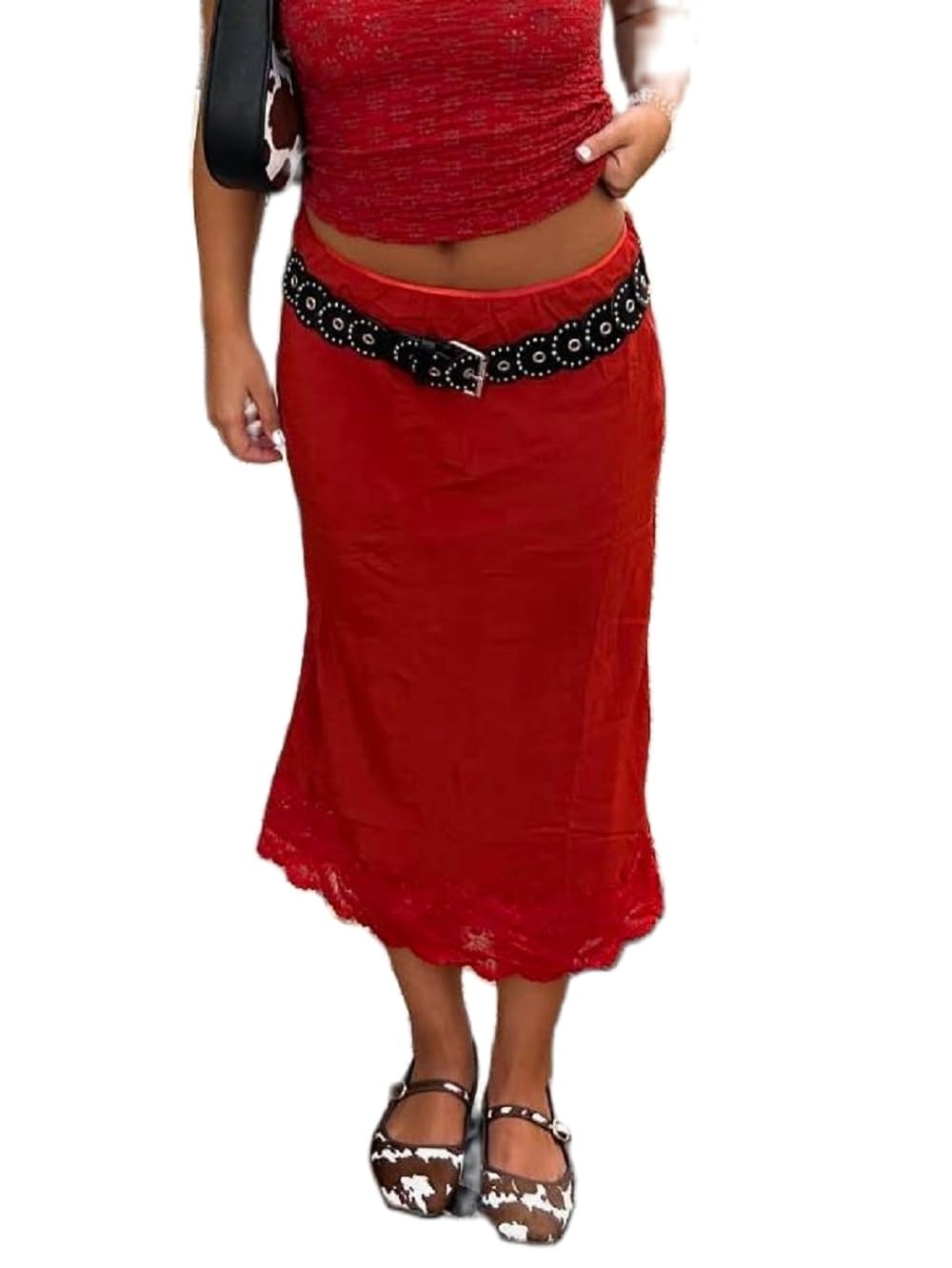 Faymlc Women Lace Trim Long Satin Skirt Silk Midi Slip Skirt Elegant Flowy A-Line Midi Skirts (Silky Red, L)