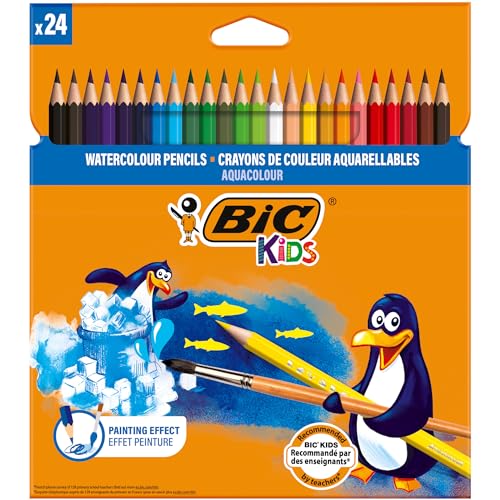 BIC Kids Aquacouleur, Volver a la Escuela, Lápices de Acuarela Efecto Pintura, Paquete de 24 Unidades