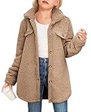 Haloumoning Girls Fuzzy Fleece Jacket Casual Button Down Sherpa Overcoat Faux Fur Jackets Outwear 4-15 Years