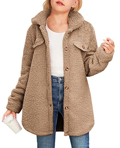 Image of Haloumoning Girls Fuzzy Fleece Jacket Casual Button Down Sherpa Overcoat Faux Fur Jackets Outwear 4-15 Years