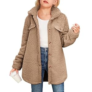 Haloumoning Girls Fuzzy Fleece Jacket Casual Button Down Sherpa Overcoat Faux Fur Jackets Outwear 4-15 Years
