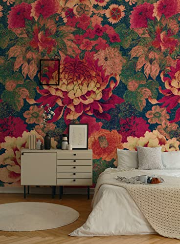 New Walls Papier peint floral vintage en non-tissé aspect textile rouge, rose – Grand motif 1,59 x 2,80 m