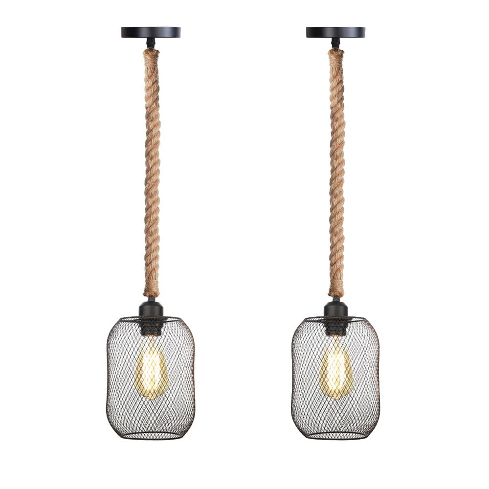 FYZDLAOR Industrial Vintage Wrought Iron Pendant Light,Hemp Rope Pendant Light,for Living Room Bedroom Cafe Teahouse Bar Dining Room Club（E27）