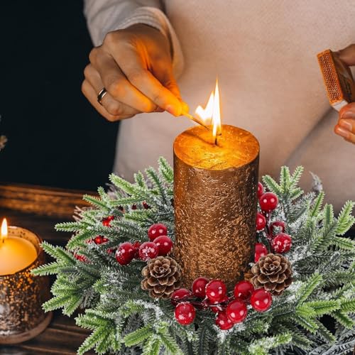 Image of 4 Pcs Christmas Candle Rings Wreath Mini Christmas Table Centerpieces Red Berry Pinecones Wreaths for for Front Door Kitchen Cabinet Holiday Party Farmhouse Porch Wall Outdoor Indoor Home Decoration