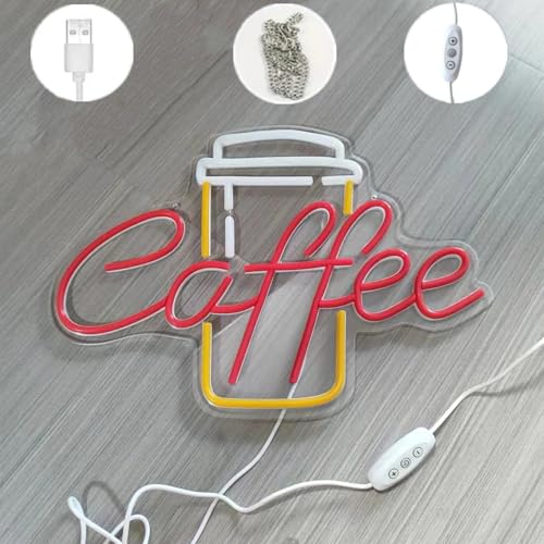 Image of Coffee Neon Sign Led Dimmable Acrylic Neon Signs for Coffee Shop Salon Home Bar Decor,Decorative Glow Signs for Room Pub Club Party Decoration,Usb Powered(Red Coffee+Yellow)