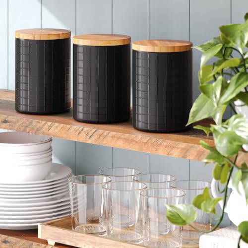 Barnyard Designs Canister Sets for Kitchen Counter, Flour Coffee Tea Sugar Container Set with Bamboo Lids, Vintage Farmhouse Decor Kitchen Canisters, Metal/Bamboo, Set of 3 (Black) - Image 3