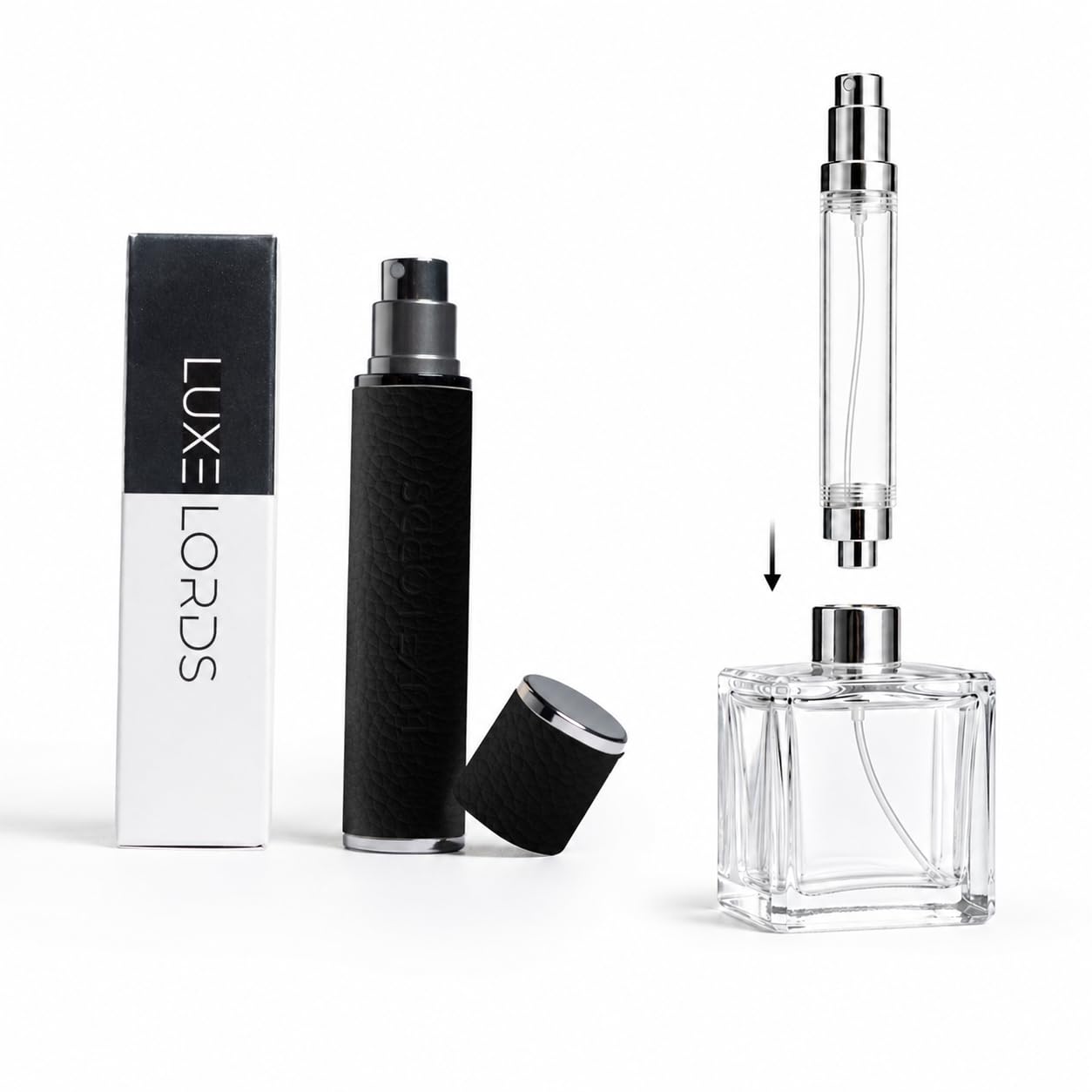 Luxe Lords Men's Black Leather Spray Travel Refillable Atomiser Bottle, 10Ml Atomiser Bottle, Portable Size Spray Bottle Luxurious Travel Accessory (Black)