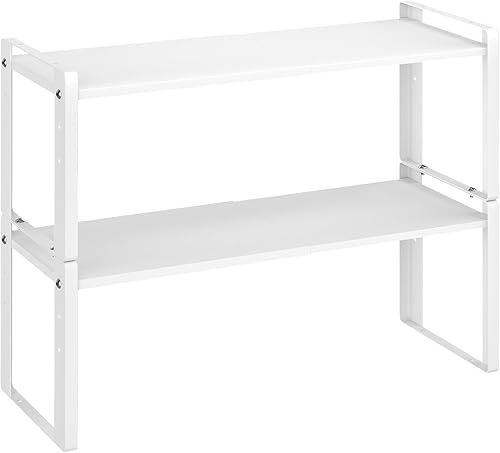 Vista 9 de Paquete de 2 estantes organizadores de gabinete expandibles, capacidad de peso de 88 libras, estante de almacenamiento de metal apilable de alta