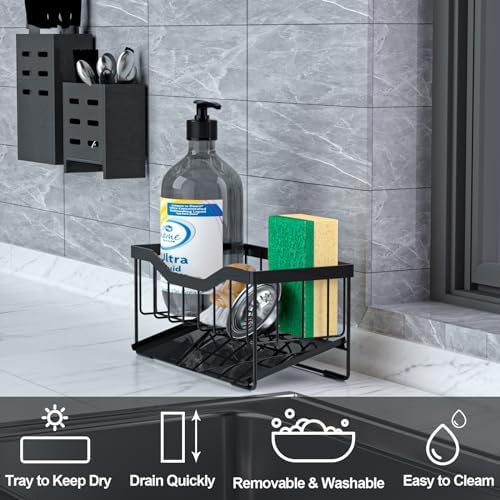 Vanwood Sponge Holder for Kitchen Sink with Auto Draining Tray, Caddy Organizer, Self Drain Dish Soap Sponge Caddy for Counter - Storage Home & Kitchen Accesorios 2