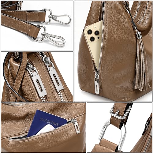 Image of YALUXE Women's Genuine Leather Hobo Handbags Purses Shoulder Bags Cross-body Bags with Double Zippered Pockets