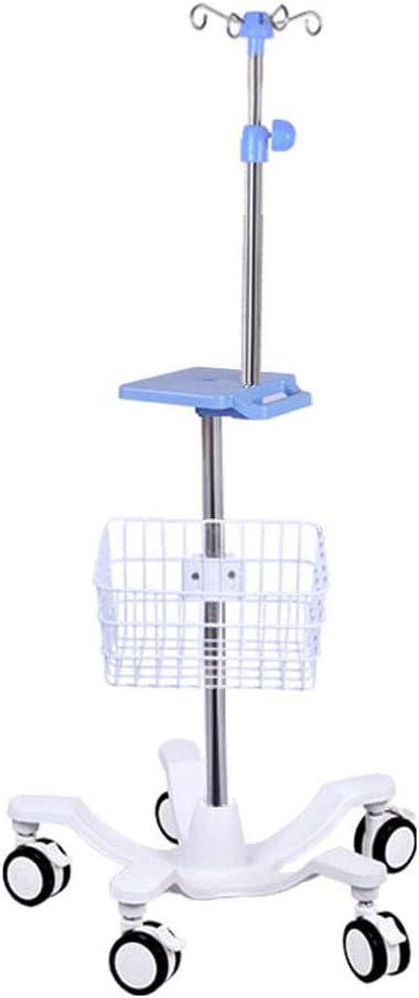 Portable IV Pole with Wheels - Adjustable IV Drip Stand with Tray & Cast Iron Base - Stable Air Pressure Buffer - 5 Locking Casters & Optional Basket