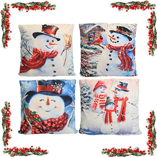 KATELUO 4 pcs Fundas navideñas para Cojines,Funda de Almohada de Navidad,Cojines Navideños Funda de Almohada,para sofá de decoración navideña, Cama.45 cm x 45 cm.(Monigote de Nieve)