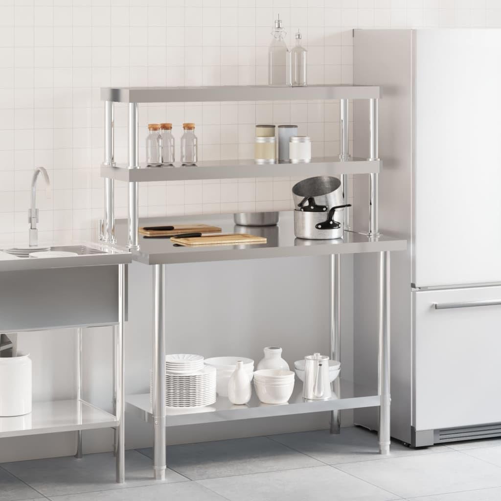 Tavolo da lavoro da cucina in acciaio inox, 110 x 55 x 150 cm, con ripiano, design robusto per gastronomia, ristorante, hotel, catering, grandi cucine e uso commerciale