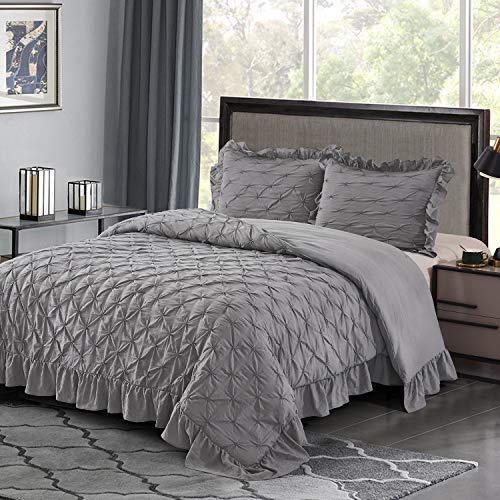 Bedream Gray Comforter Set, 3-Piece Queen Size Pintuck Ruffled Lace Bedding Set - Prewashed Microfiber - Natural Wrinkle & Easy Care - Breathable (C6) #TOP1