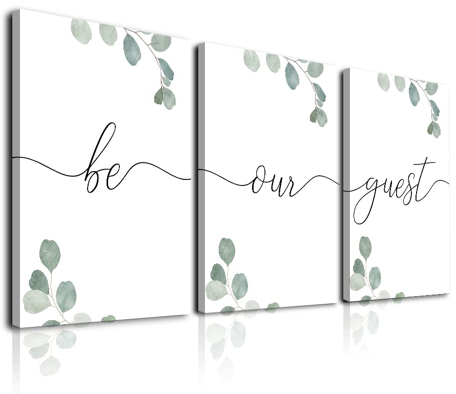 Be Our Guest Sign Wall Art Set of 3, Farmhouse Guest Room Wall Decor for Hanging Above Bed, Framed Canvas Wall Art with Botanical Prints for Bedroom, Guest Room Decor (12x16inch)