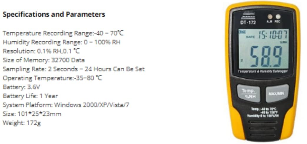 DT-172 Data Logger Specifications and Parameters