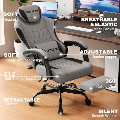 Image of Vonesse Gaming Chair, Office Chair with Linen Breathable Mesh Fabric, Desk Chair with Adjustable Lumbar Support, Executive Computer Chairs with Footrest and Headrest (Gray)