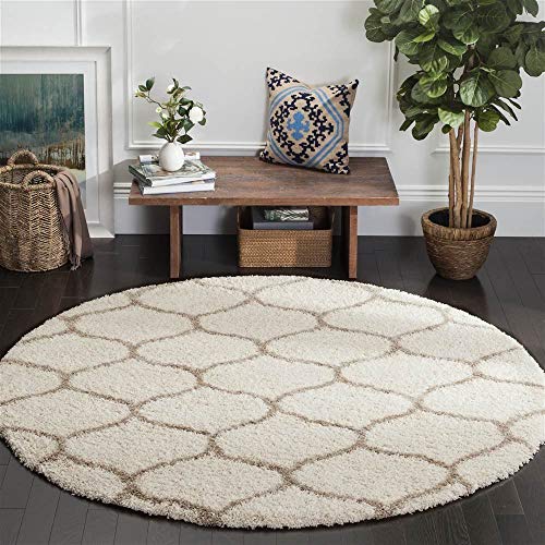 Image of Handwoven Microfibre 3D Rug for Living Room (Ivory & Beige Moroccan, 9 X 9 Feet (Round), Microfibre)
