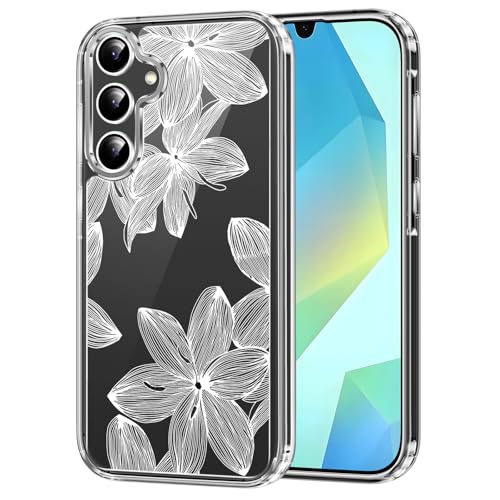 Cinysnt Cute White Line Flower Phone Case for Samsung Galaxy A16 5G Clear Case 6.7", Aesthetic Blooming Floral Pattern Print Design Cover Shockproof Soft TPU Hard PC Back Protection Girls Women Funda