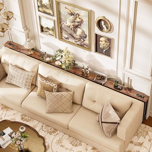 Image of Huuger 118 Inch Sofa Table with Power Outlets, Skinny Behind Couch Table | 5.9 Inch Narrow Entryway Table, Extra-Long Console Table, Behind the Couch Table with Outlet for Living Room, Rusitc Brown