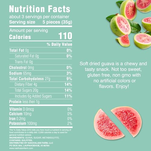 Soft-Dried Fruits Snacks by Nakihalani Farm 3.5 oz Guava - Soft Chewy Texture Healthy Snack for Adults & Kids - Non-GMO, Gluten-Free, Vegan Snacks in Resealable Bag