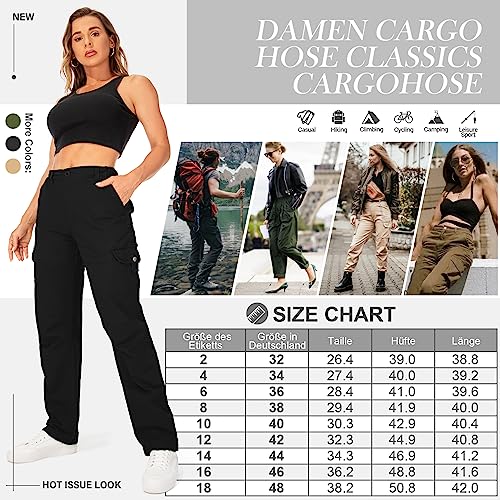 yeyity Cargohose Damen Hosen Multi Taschen Wanderhose Outdoorhose Baumwolle Arbeitshose Jogginghose Relaxed-Fit Trekkinghose Militär Hose Streetwear(Black,2087,40)