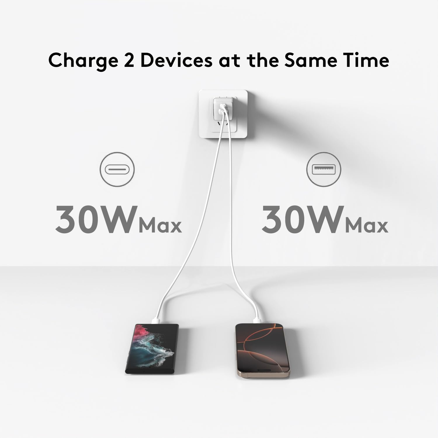 Qackenm 30W USB C Charger Block, 2 Port Fast Charging Block, Foldable GaN USB C Wall Charger, for iPhone 16/15/14/13/12 and Other Series, iPad Pro/Air/Mini, Pixel, Galaxy (White)