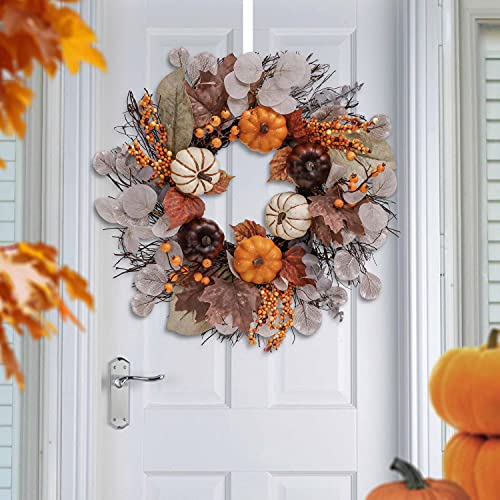 Valery Madelyn 45cm Türkranz für Herbstdeko,Herbstkranz Kürbis deko mit Künstliches Ahornblatt Beere für Herbst Dekoration,Deko Wand Tisch Fenster für Erntedankfest Thanksgiving Halloween,Violett