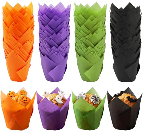 Image of 200 Pieces Tulip Cupcake Muffin Liners Greaseproof Paper Baking Cups Cupcake Wrappers for Halloween Party Birthday Wedding Baby Showers Catering (Black /Green /Orange /Purple)
