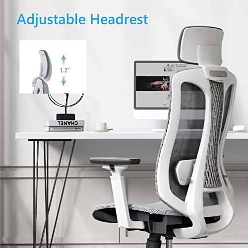 Logicfox Ergonomic Mesh Office Chair, Computer Desk Chair With 3D Armrests, Adjustable Lumbar Cushion And Adjustable Headrest, White High Back Home Desk Chair With Tilt Function, Mesh Backrest & Seat #TOP5
