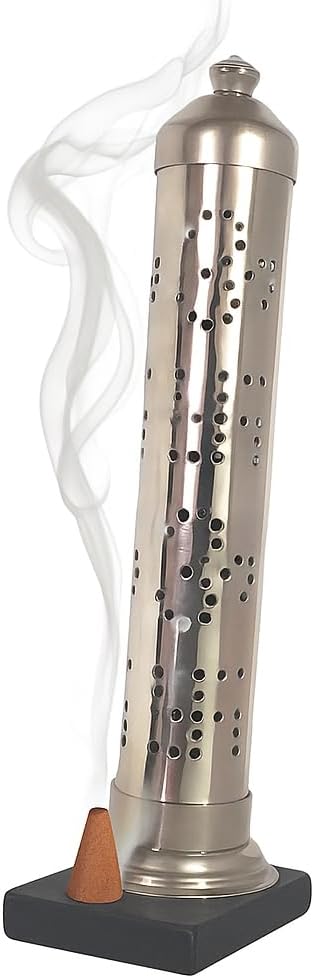 Stainless Steel Incense Stick Holder Tower Dhoop Stand for Home & Temple Silver Finish Agarbatti Holder with Ash Catcher Durable Metal Incense Burner for Meditation & Pooja
