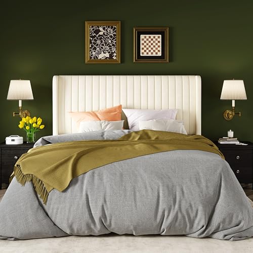 Image of Allewie Queen Size Velvet Bed Frame /Vertical Channel Tufted Wingback Headboard /Upholstered Platform Bed /Strong Wooden Slats /No Box Spring Needed /Easy Assembly /Cream White