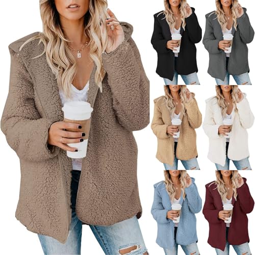 Gumipy Fleece Jacket Women Oversized Fuzzy Sherpa Jacket Warm Hooded Winter Coats Trendy Open Front Chunky Cardigan Outerwear