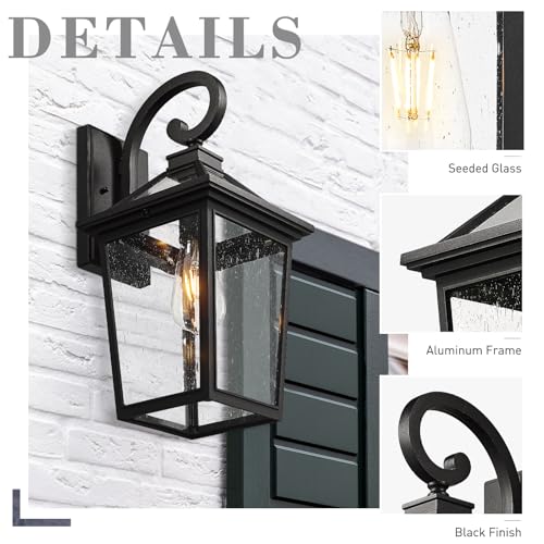 Image of zeyu 18 Inch Outside Light Fixture, Exterior Wall Lighting Fixture for House Porch, Die-Cast Aluminum with Seeded Glass, Black Finish, ZX58MB BK