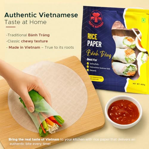 Image of Triple Elephant Rice Paper Banh Trang - 400g | Authentic Vietnamese Spring Roll Wrapper for Fresh Rolls, Pho, and More