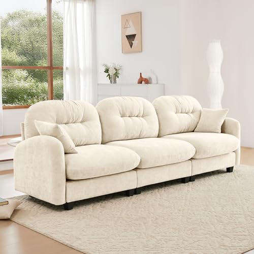 Image of KEIKI 107 inch Oversized Chenille Modular Sectional Sofa with High-Density Foam Cushion and Tufted Pleated Cushion Backrest, Upholstered Modern 3-Seater Cloud Couch with 2 Pillow, for Living Room, Beige