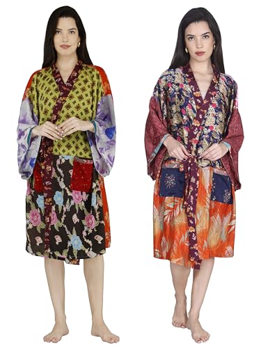 Marubhumi Women's Floral Silk Long Satin Bride Bridesmaid Kimono Robe Pack Of 2 Lightweight Sexy Sleepwear 3/4 Sleeve with Pockets Multi-Color