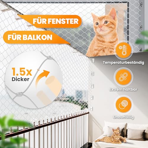 Naturiz® Katzennetz für Balkon ohne Bohren inkl. Klebehaken & Silikonkleber – Katzenschutznetz für Balkon & Fenster, Katzennetz transparent - Taubennetz, Katzenschutznetz, Katzengitter (3x4m)