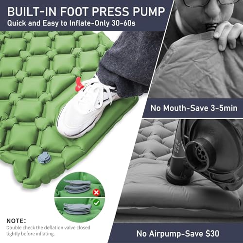 Camping-Sleeping-Pad-with-Compass-Ultralight-Inflatable-Sleeping-Mat-with-Pillow-Built-in-Foot-Pump-Portable-Camping-Air-Mattress-for-Backpacking-Hiking-Traveling-TentGreen