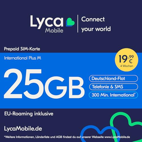 Lycamobile International Plus M Prepaid SIM Karte ohne Vertrag inkl. 25 GB Datenvolumen Lycamobile International Plus M Prepaid SIM Karte ohne Vertrag inkl. 25 GB Datenvolumen