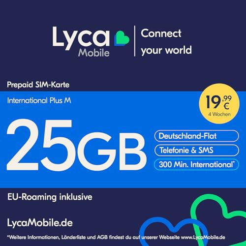 Lyca Mobile International Plus M Prepaid SIM Karte ohne Vertrag inkl. 25 GB Datenvolumen