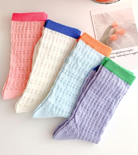 Image of Women's Dopamine Color-Block Crew Socks, Mesh Mid-Calf & Scrunch Thin Sock for Shoe Size 5-8