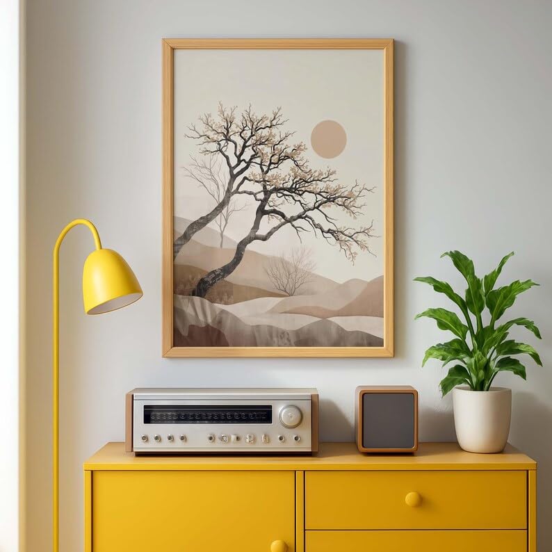 Affiche murale vintage arbre Japandi beige 30x40cm pour salon
