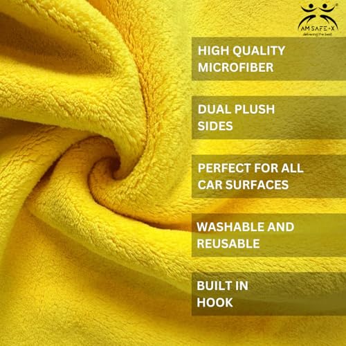 Image of AM Safe-X Microfiber Cloth for Car 600 GSM 40x40 cms 1 Pcs Yellow & Grey Twisted Loop Super Absorbent Towel, Edgeless Design with Plush Pile & Lint Free Cloth for Drying & Detailing
