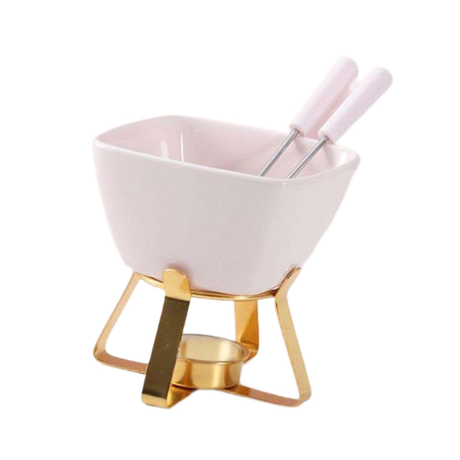 Pentola per Fonduta in Ceramica, Forchetta per Fonduta, Scaldavivande, Utensile Multifunzionale per Sciogliere Caramelle E Cioccolato, Rosa con Cremagliera Dorata