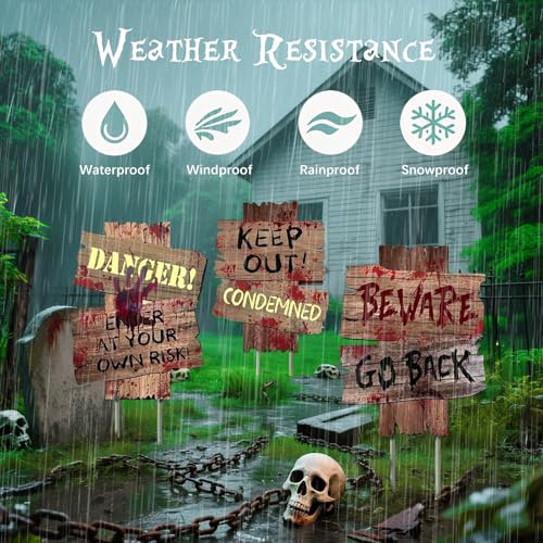 ROEOWENE 3PCS Warnschilder Halloween Deko Outdoor Grabstein Halloween Schild Horror Deko Garten Draußen Gruselige Helloween Gartendeko Erschrecken Halloween-Dekoration für Vorgarten,Rasen,Friedhof