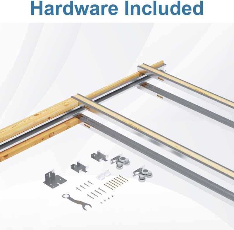 Illustration of all hardware components included with the pocket door kit, such as tracks, rollers, brackets, and fasteners.