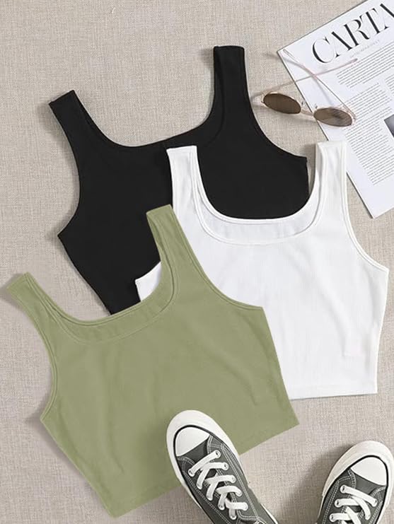 Image of KERI PERRY Tops for Women Crop Top for Women's Tank Activewear Tee Sports Western Casual Cotton Camisole Pack of 3 Combo